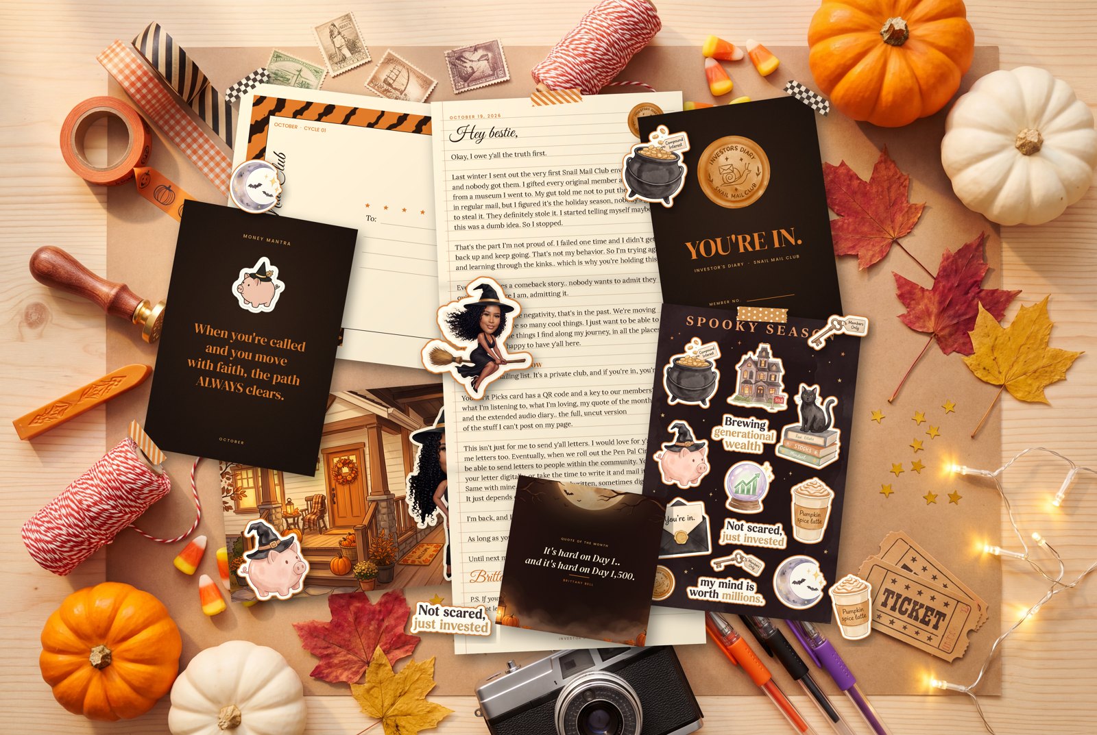 This month's envelope taped into a scrapbook: the letter, the postcard, the stickers and the cards